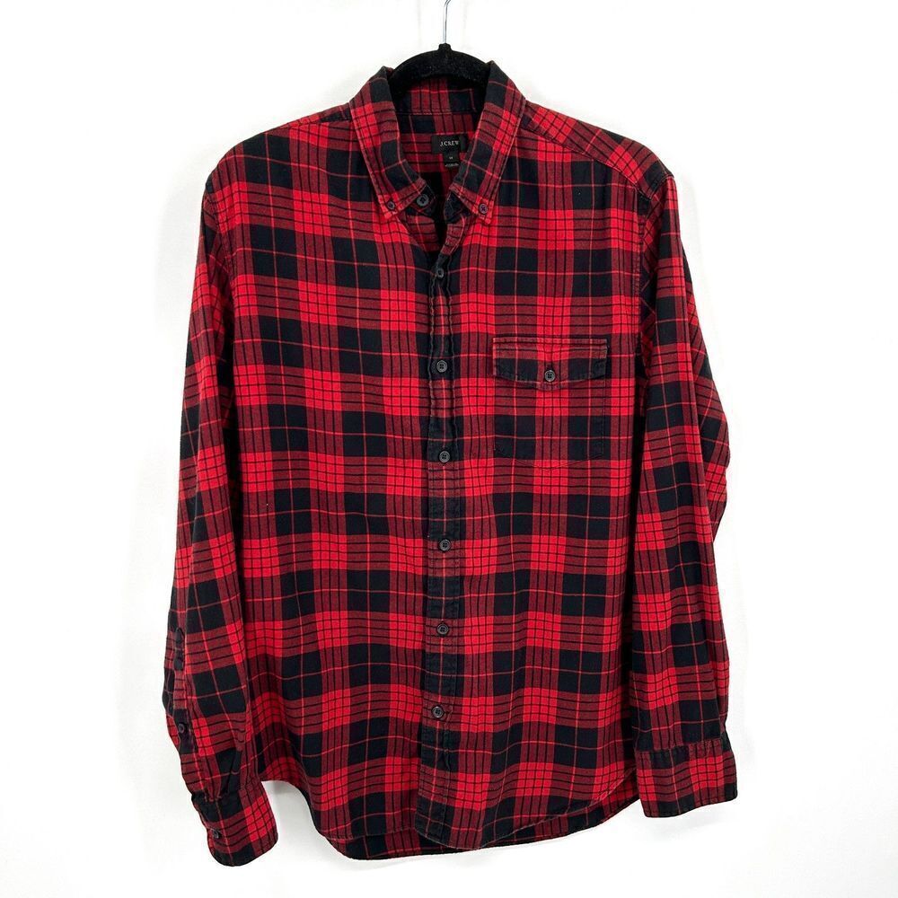 J. CREW Men's Red Black Buffalo Check Plaid Button Up Flannel Shirt Size Medium